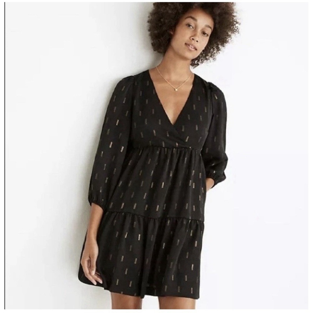Madewell Size XXL Black Gold Metallic Jacquard Faux-Wrap Tiered Mini Dress